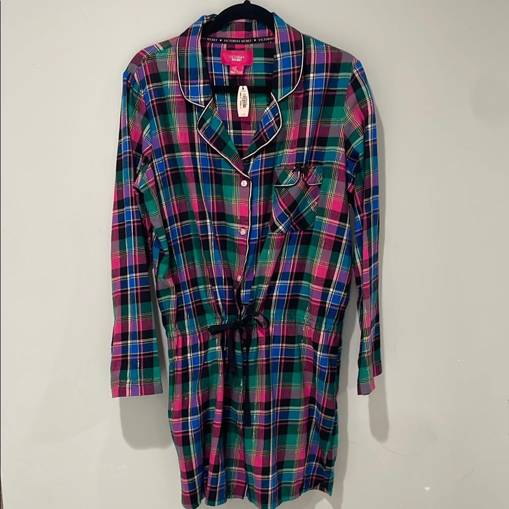 Victorias Secret Womens Pajama Button Down Shirt Top Plaid Flannel Size L